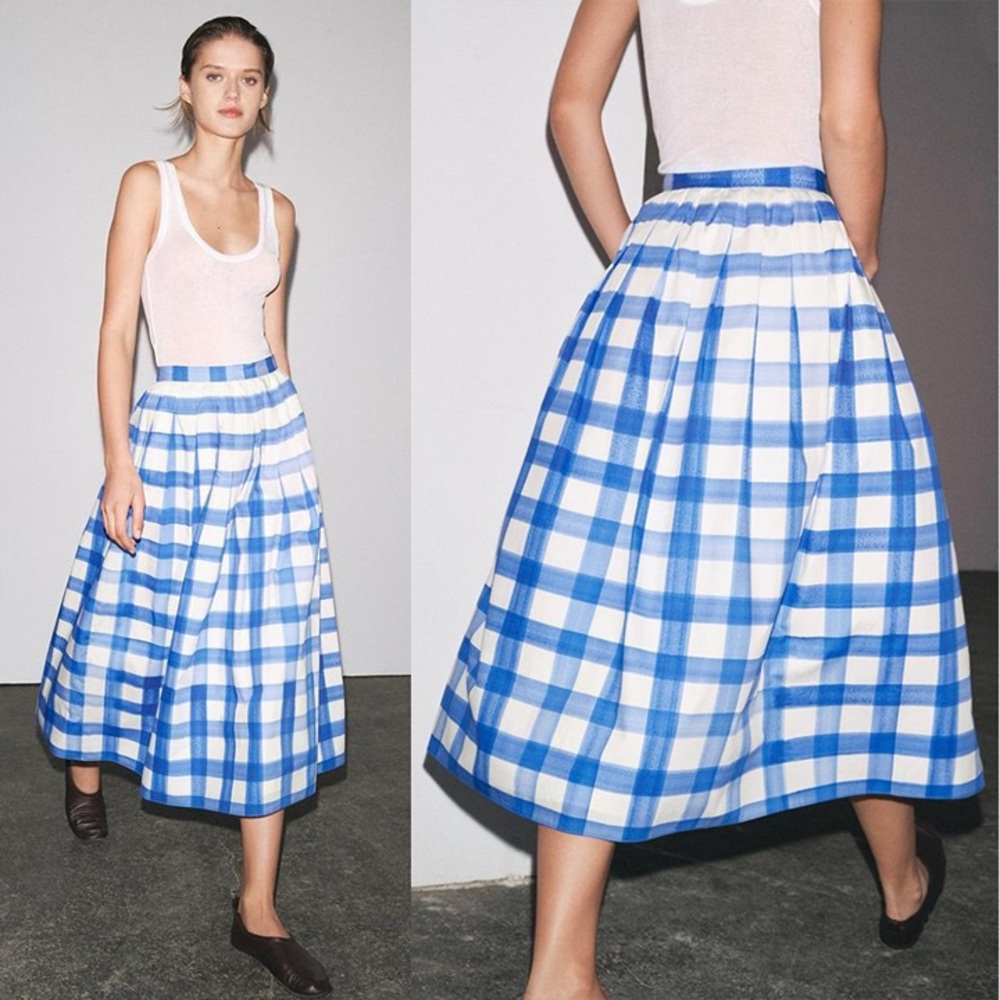 Zara Blue and White Checked A-Line Skirt